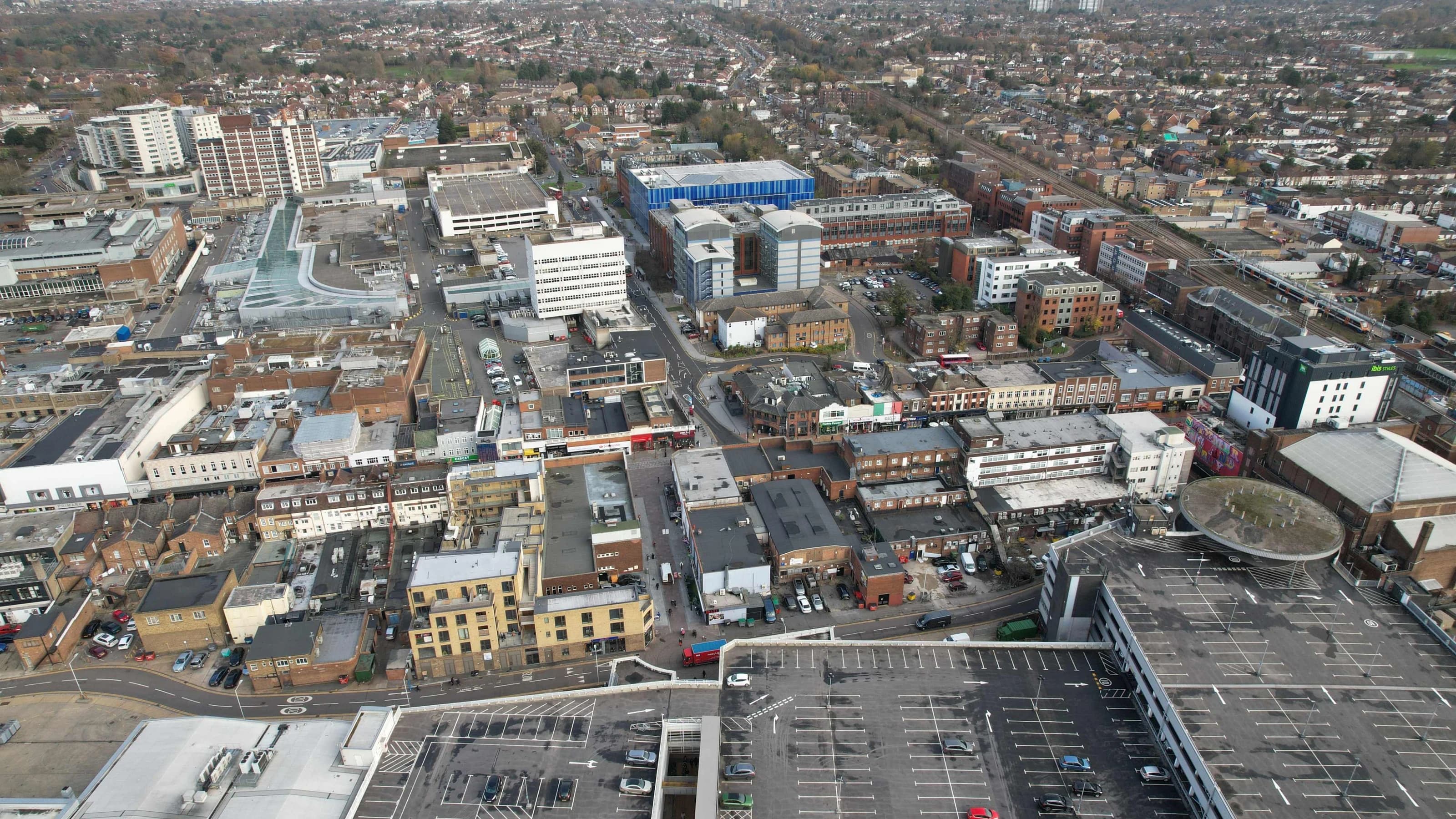 Ariel view of The Brewery shopping centre in Romford 